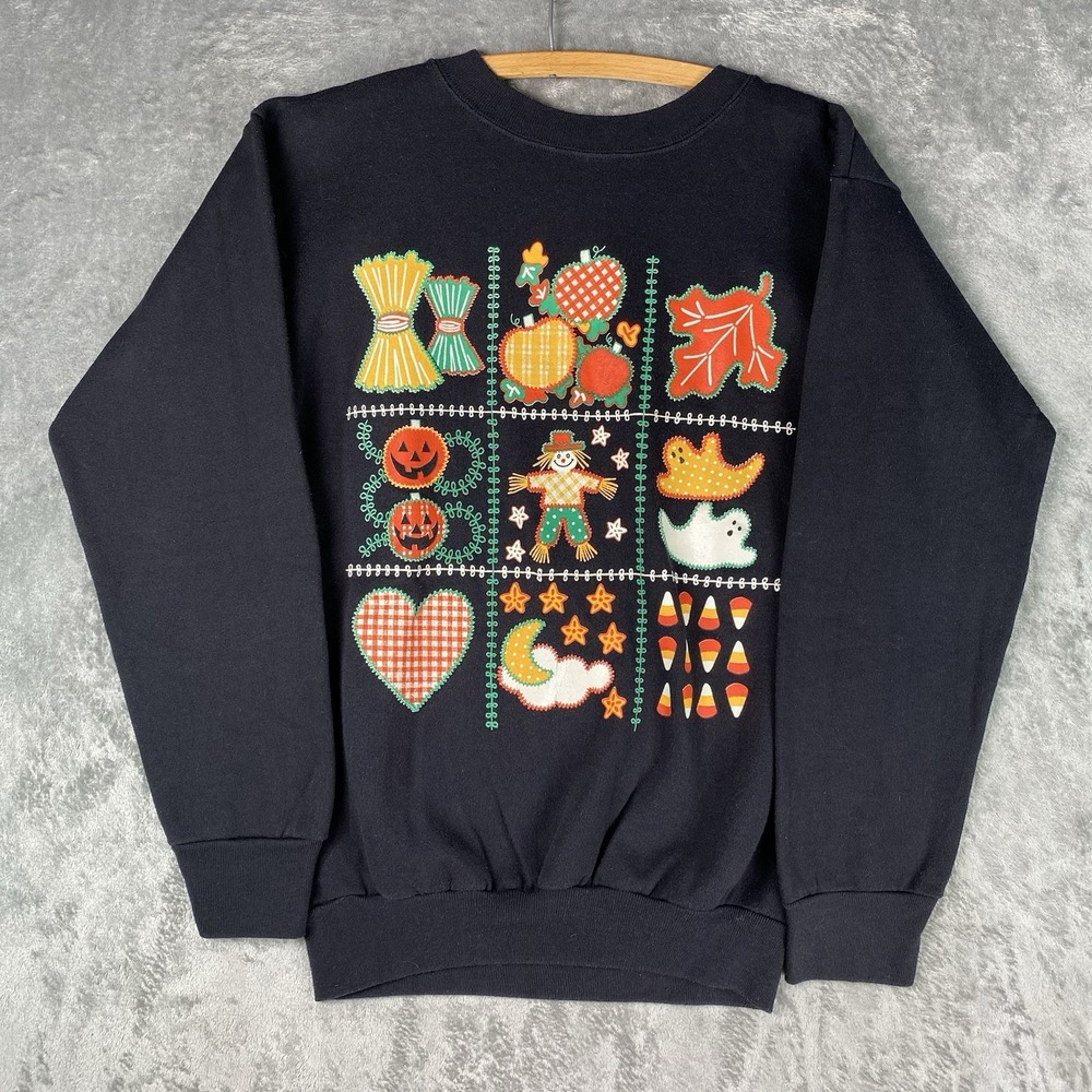Vtg Halloween Sweatshirt Womens Sz M Black Pumpkin Ghost Candy Corn Autumn Fall